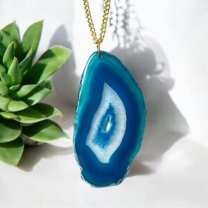 Natural Blue Agate Geode Pendant Necklace